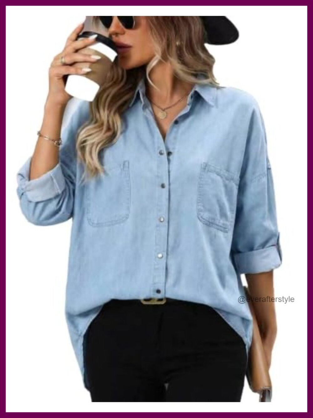 Water-Wash Denim Snap Button Shirt Plus Size Long Sleeve Oversized